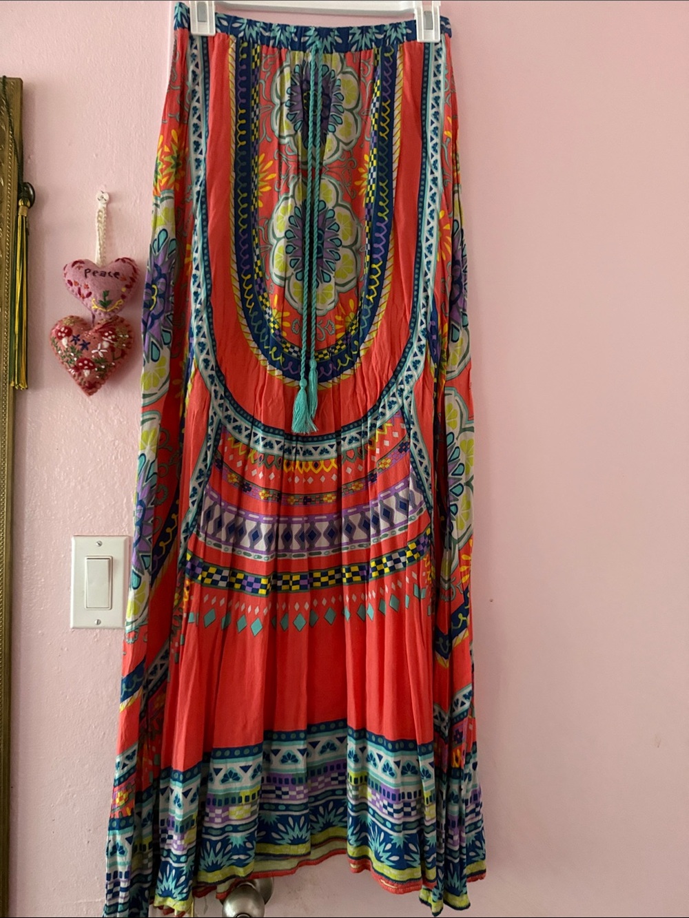 Flying Tomato Coral Boho Maxi Skirt with Teal and Purple Accents size Medium